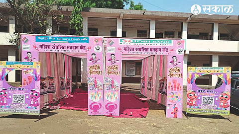 Decorated polling station and selfie point in Raver town.