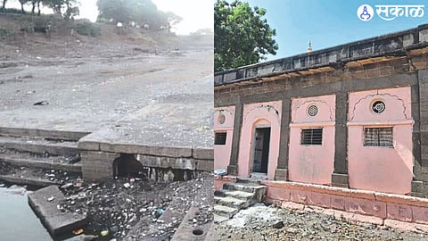 A stone ghat in the Godavari river bed at Chandwad. In the second photograph, the Dharamshala built at Karanji.