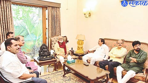 Nationalist Congress Party (Ajit Pawar group) State President Sunil Tatkare during a discussion with Chhagan Bhujbal on Thursday