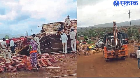 Forest department staff removing encroached huts with roof tiles. In the second photo, police with machinery brought in to clear encroachments.