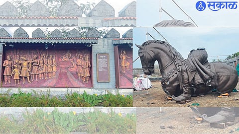The ongoing work of Shiv Srishti, which is taking shape from the concept of MLA Suhas Kande, is on a war footing. In the second photo, the historic event on the protective wall.