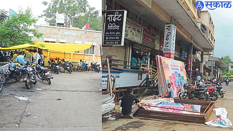 New BJ In the market area, the road is blocked with banners and board material beside the streets. Anda Bhurji and a shop attached to the garage.
