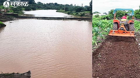 Dam in Jalyukt Shiwar Yojana filled due to rain. In the second photo, a farmer intercropping the papaya crop with a tractor