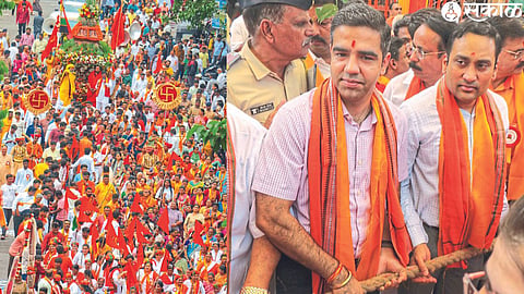 Nashikkar participating in the Rath Yatra organized by Shri Jagannath Puri Rath Yatra Utsav Samiti, Divisional Commissioner Praveen Gedam, District Collector Jalaj Sharma pulling the chariot in the second photo.
