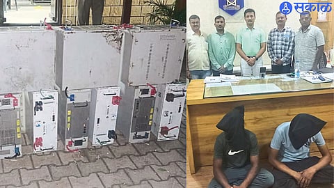 Mobile tower batteries seized by police. Police inspector Baban Awad and the crime branch team along with the two arrested suspects.