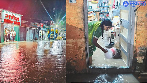 Women removing the water in the house with a bucket. Shop, and water in the ATM.