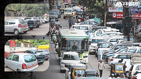 Vehicles parked on Bhar Street on MG Road.