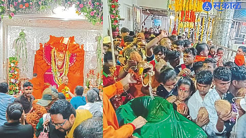 On the first step, on Wednesday, devotees gathered for darshan on the occasion of Kojagari Poornima. In the second photograph, the queues of devotees in the hall. Devotees bowing before Shri Bhagwati in the last photograph.