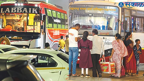 A private bus parked outside Thakkar Bazar bus stand. On the occasion of Diwali, ST is crowded to go to the village. Passengers waiting for ST at Mela Bus Stand.
