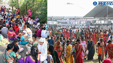 A woman who had come for Prime Minister Narendra Modi's meeting was resting under a tree due to the scorching sun.Women leaving the meeting during speech.
