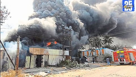 Firefighters work tirelessly to control the fire at a scrap warehouse in Miraj, after intense efforts lasting 90 minutes.