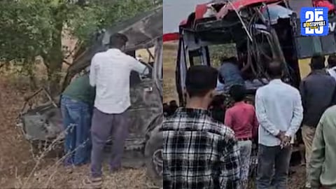 Buldhana Accident : बुलढाण्यात तिहेरी अपघातात ५ जणांचा जागीच मृत्यू, खाजगी बस आणि एसटी बसमध्ये कारचा चेंदामेंदा