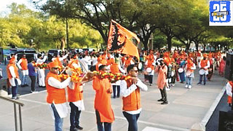 Vibrant Shiv Jayanti procession held in the USA, organized by Maharashtra Majha, showcasing rich Marathi traditions and honoring Chhatrapati Shivaji Maharaj.