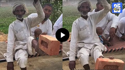 An elderly man lifts a brick using only his foot, demonstrating impressive flexibility and strength — now trending as a viral sensation.