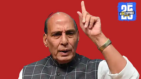 Defence Minister Rajnath Singh responds sharply to Pakistan Army Chief Asim Munir’s statement during a public address.