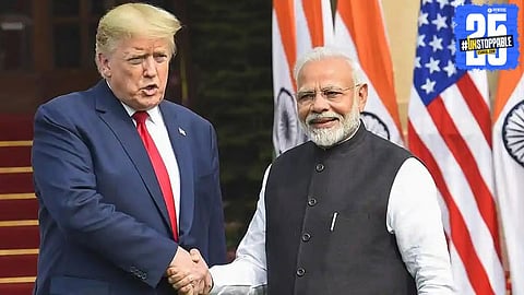 Former US President Donald Trump announcing a reduction in tariffs for India, signaling improved India–US trade relations.