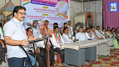 “MP Nitin Patil addressing workers in Patan; says development requires action, not speeches.”