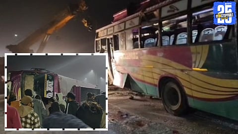 A damaged school Picnic bus seen overturned at the accident site in Jammu, where students were injured while returning home from a school trip.
