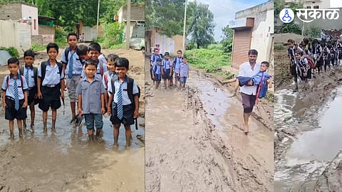 Students of Zilla Parishad School in Rajurkar Kotha, Ghansawangi, struggle to reach school through muddy and waterlogged roads, prompting villagers to demand immediate repairs