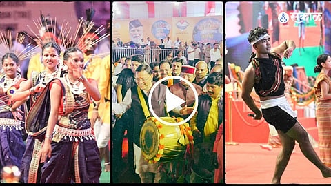 Uttarakhand CM Pushkar Singh Dhami plays a traditional drum and dances with tribal artists at the Adi Rangotsav in Khatima.