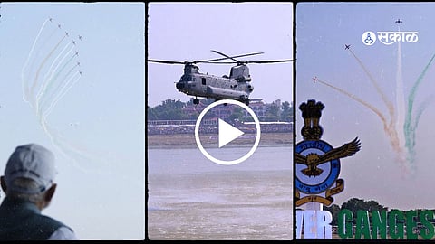 PM Narendra Modi, Defence Minister Rajnath Singh and CM Yogi Adityanath attend the Wings Over Ganges air show at Varanasi’s Namo Ghat.