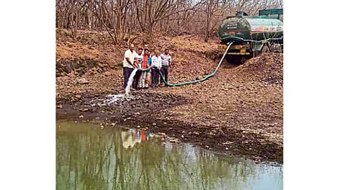वारजे - पशुपक्ष्यांची तहान भागविण्यासाठी टॅंकरद्वारे पाणीपुरवठा करताना मान्यवर.