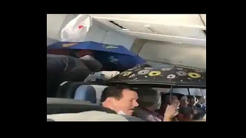 passenger sitting in flight with umbrella at russia video viral