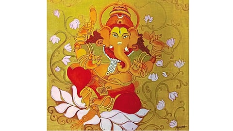 कर्वे रस्ता - ‘पु. ना. गाडगीळ आणि सन्स’च्या कलादालनात साकारलेले गणरायाचे चित्र.