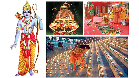 अयोध्या - राम मंदिराचे भूमिपूजन पंतप्रधान नरेंद्र मोदी यांच्या हस्ते बुधवारी झाले. भूमिपूजनानंतर त्यांनी तेथील माती कपाळावर लावली. यावेळी (उजवीकडे) सरसंघचालक मोहन भागवत, गोविंददेवगिरी महाराज.