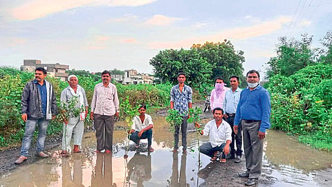 वर्धा : खड्ड्यात बेशरमचे झाडे लावून प्रशासनाचा निषेध नोंदविताना कार्यकर्ते.