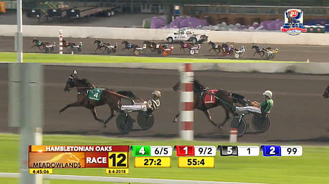 Hambletonian Oaks oli Manchegon hallintaa alusta loppuun. Plunge Blue Chip seurasi toisena takasuoralla, mutta loppusuoralla vakavimmin voittajaa yritti haastaa sen tuttu kilpakumppani Phaetosive ja Trond Smedshammer. Kuva Meadowlands live stream