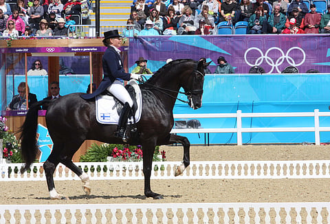 Skovlund's Mas Guapo ja Mikaela Fabricius-Bjerre Lontoon olympialaisissa vuonna 2012.