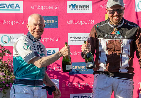 Örjan Kihlström ja Daniel Redén juhlivat Don Fanuccin Zetin Elitloppet-voittoa 2021.