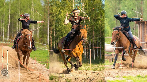 Jenni Tommila ja suomenhevonen Larvan Hempukka (vas.), Valtteri Männikkö ja suomenhevos-arabiristeytys Ein Valtter (kesk.), ja Anni Jauhiainen ja suomenhevonen Prinsessa Annika (oik.).