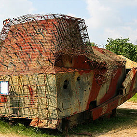 A bulldozer covered with armour plates in the military's war memorial at Elephant Pass, Jaffna.Photo: Flickr / koolb