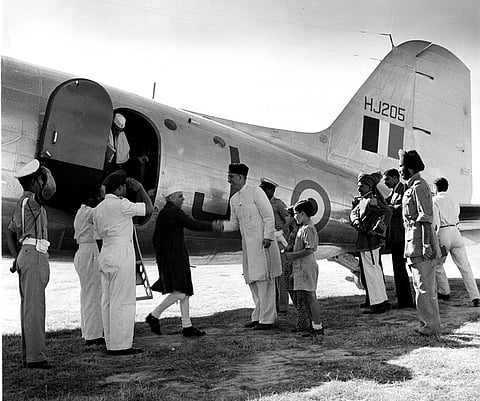 Former chief minister of Jammu and Kashmir Sheikh Abdullah receives then prime minister Jawaharlal Nehru at Srinagar Airport in 1949.