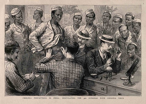 Cholera vaccination of the 3rd Gurkhas in India at the time of the 1893 epidemic. Reproduction of a wood engraving, 1894. Photo: Wellcome Collection