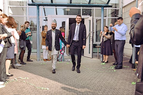 Adheep and Tobi on the day of their marriage in Malsch, Germany. There was no option for them to get married in Nepal because the country’s legal system has only imagined marriage between opposite sexes. Photo courtesy: Bhojraj Pokharel