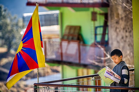 A boy reads by a flag of Tibet in McLeod Ganj, the seat of the Tibetan government-in-exile. In new anthologies of fiction, nonfiction and poetry, Tibetan writers are laying claim to an identity forged in exile, while expressing feelings of loss, of old separations and new anxieties. Photo: ZUMA Wire / IMAGO