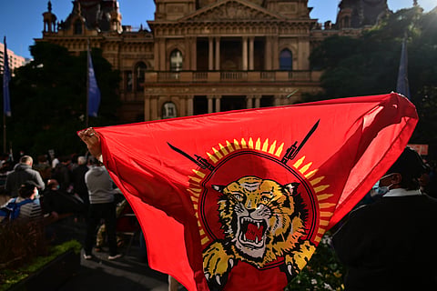 A flag of the Liberation Tigers of Tamil Eelam at a rally in Sydney commemorating Tamil Genocide Remembrance Day. Some Tamil nationalists, particularly in the diaspora, have tried to piggyback on global solidarity with the Palestinian struggle to promote their own cause of a separate state for Sri Lankan Tamils.
