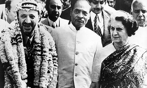 Yasser Arafat (left), the chairman of the Palestine Liberation Organisation, with Indira Gandhi (right) in Delhi in 1980. India once saw the Palestinian struggle as a battle against colonialism not unlike its own freedom movement.