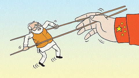 Cartoon of Modi held aloft by chopsticks, by an arm with a Chinese flag on the sleeve, showing China has power in India-China relations after the US Trump tariffs
