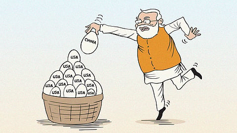Narendra Modi putting an egg marked China into a basket of eggs marked USA, to illustrate the 50 percent Trump tariff on India and how India prioritised India US relations instead of building relations with other countries