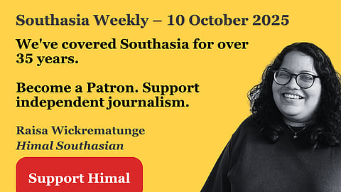 A woman on a yellow background. Text says 'Southasia Weekly - 3 October 2025. We cover Southasia like no one else. Become a Patron. Support Southasian journalism.'