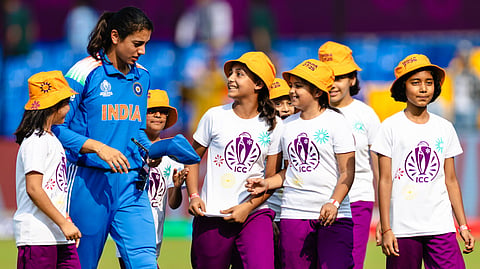 India’s vice-captain Smriti Mandhana with mascots of the ICC Women’s Cricket World Cup before a match at Indore. The tournament has seen the presence of women not just on the field but as umpires, match referees, officials and commentators.