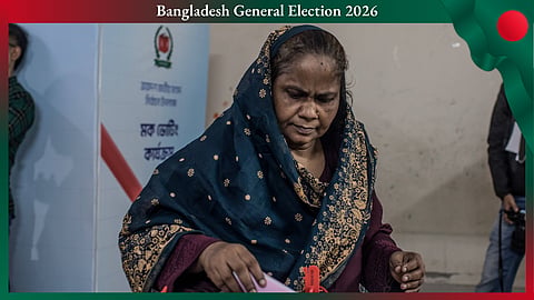 A woman puts her vote into a ballot box during a mock polling exercise in Dhaka in November 2025. The election on 12 February will have only four percent women candidates in the race for 300 parliamentary seats.