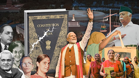 Composite image of Narendra Modi, India's constitution with a crack running across it, Indira Gandhi, Geeta Mukherji, Annie Raja, Ambedkar and Vajpayee, juxtaposed with women voting, and the RSS Mohan Bhagwat on the right, all laid over an image of India's parliament.