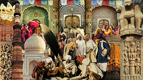 A collage of Southasian history and culture featuring monuments, carved pillars, ornate doorways and people around manuscripts and a large quill pen. The image combines architecture, sculpture and people from different periods and traditions.