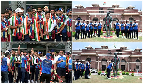 Indian Men Hockey Team players celebrate arrive at Delhi