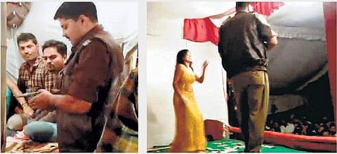 துப்பாக்கி முனையில் அழகியை நடனமாட வைத்த உ.பி. போலீஸ்: தற்காலிக பணி நீக்கம் செய்தபின் தலைமறைவு